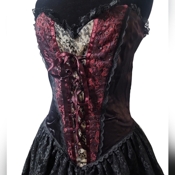 VINTAGE Gunne Sax Jessica McClintock Corset Bustier Tiered Lace Dress Black Red - Picture 7 of 16